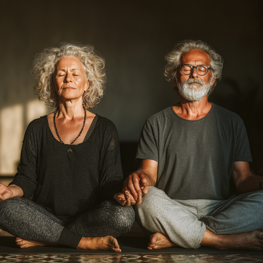 Досвідчений інструктор йоги працює з літньою людиною